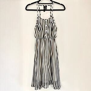 Fun & Flirt Y2K Black White Striped Halter Dress Sheer Flowy Midi Size M